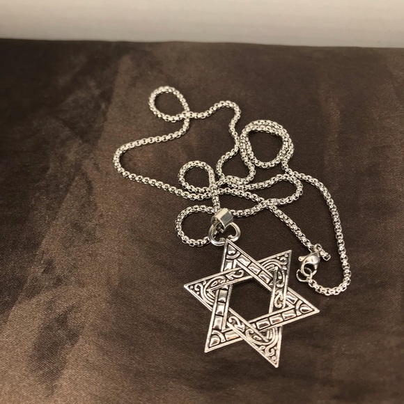 Vintage Hexagram Pendant Necklace Men Fashion Stainless Steel Box Chain - Picture 4 of 8